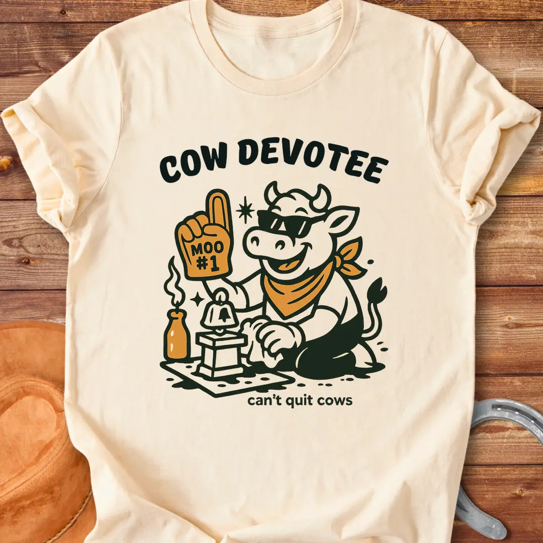 Cow Devotee T-Shirt design featuring a cool cow wearing sunglasses and a bandana, holding a foam finger that says Moo #1