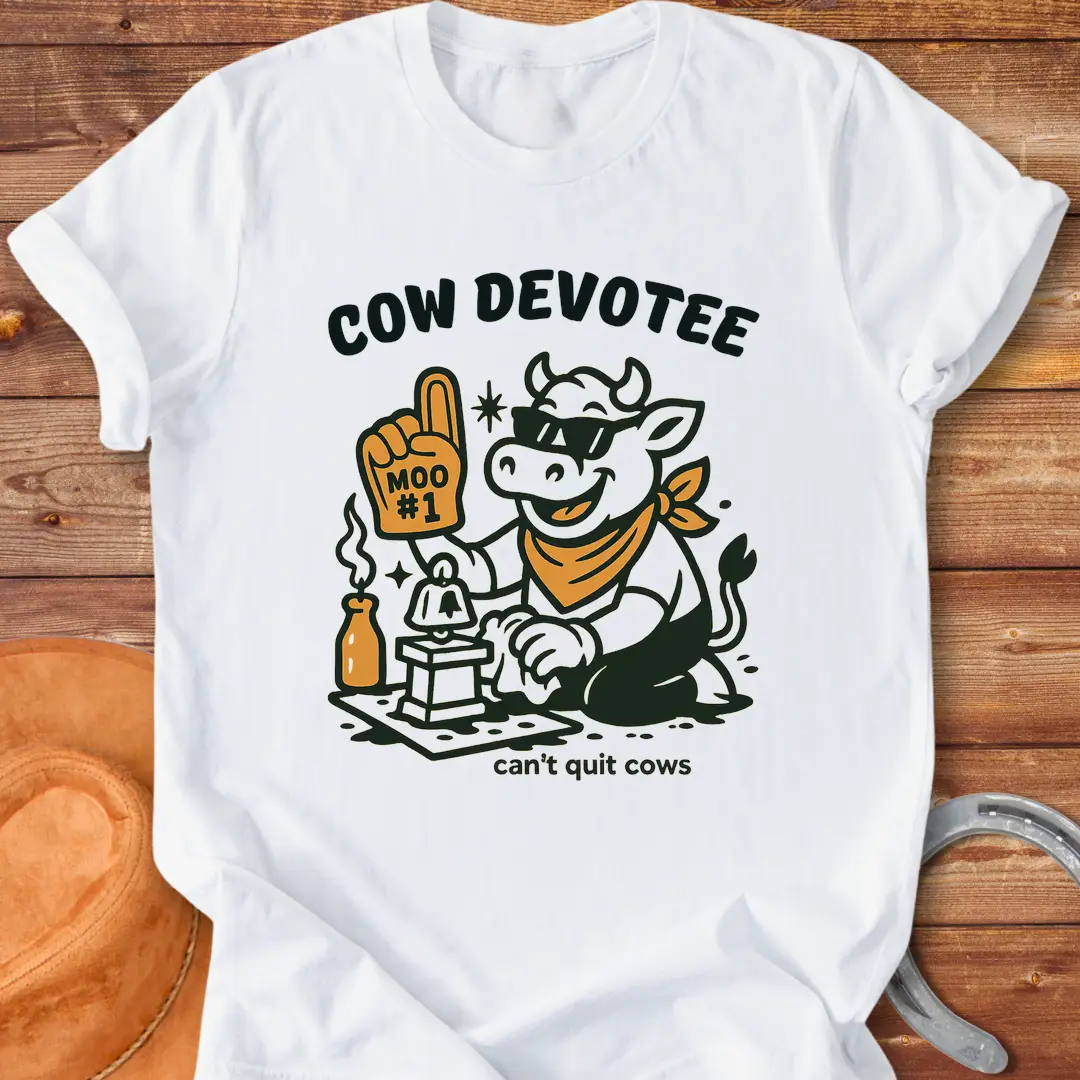 Cow Devotee T-Shirt design featuring a cool cow wearing sunglasses and a bandana, holding a foam finger that says Moo #1