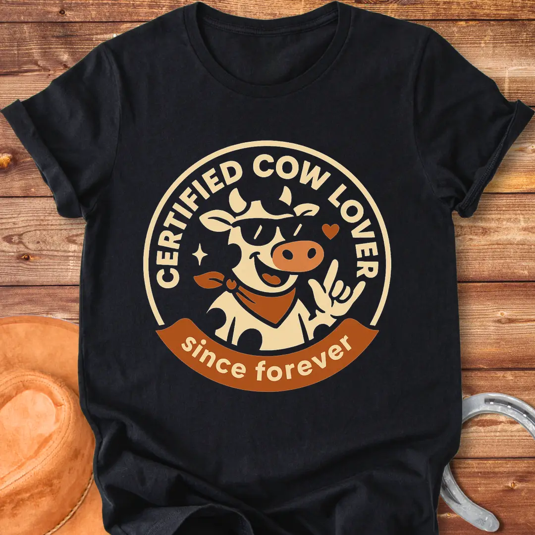 Certified Cow Lover T-shirt design featuring a cool cow wearing sunglasses and a bandana, with the words 'Certified Cow Lover' and 'Since Forever'.