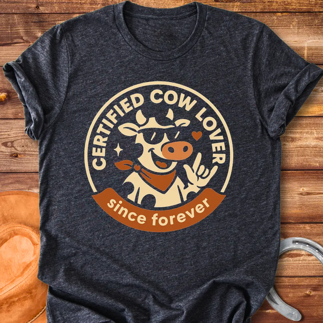 Certified Cow Lover T-shirt design featuring a cool cow wearing sunglasses and a bandana, with the words 'Certified Cow Lover' and 'Since Forever'.