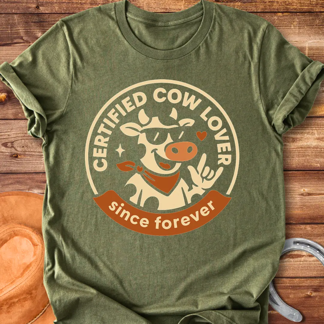 Certified Cow Lover T-shirt design featuring a cool cow wearing sunglasses and a bandana, with the words 'Certified Cow Lover' and 'Since Forever'.