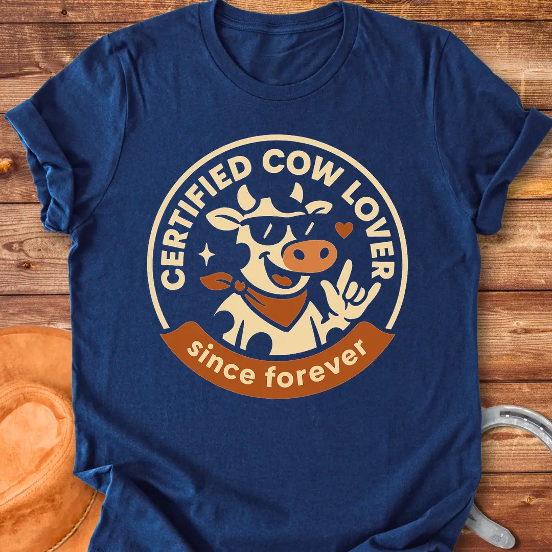 Certified Cow Lover T-shirt design featuring a cool cow wearing sunglasses and a bandana, with the words 'Certified Cow Lover' and 'Since Forever'.