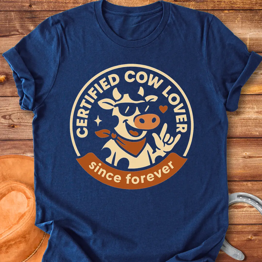 Certified Cow Lover T-shirt design featuring a cool cow wearing sunglasses and a bandana, with the words 'Certified Cow Lover' and 'Since Forever'.