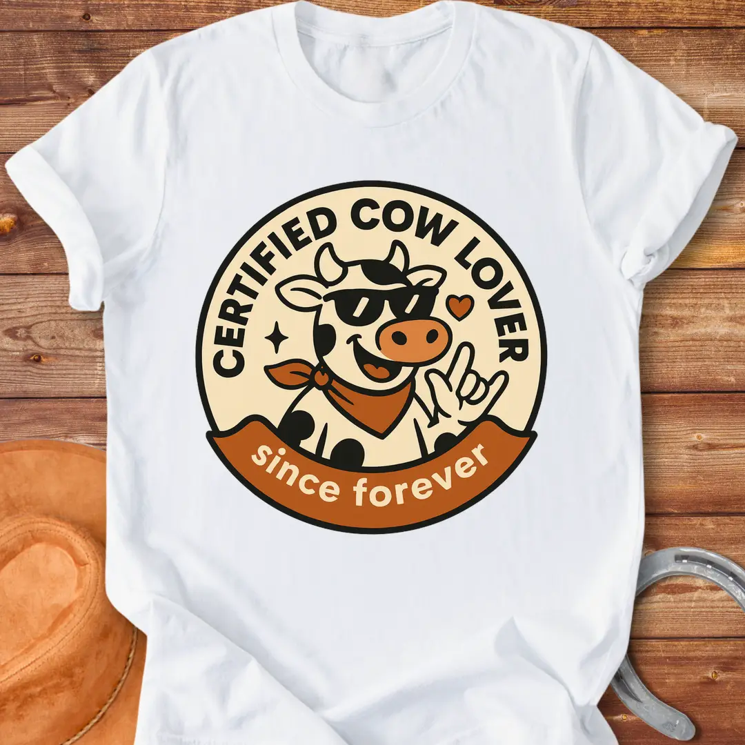 Certified Cow Lover T-shirt design featuring a cool cow wearing sunglasses and a bandana, with the words 'Certified Cow Lover' and 'Since Forever'.