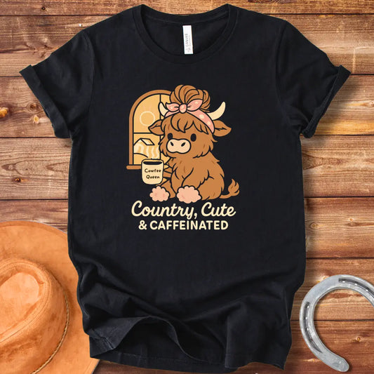 Illustration of a cute highland cow sitting by a window, holding a coffee mug that says 'Cowfee Queen'. The background shows a barn and a sunny day.