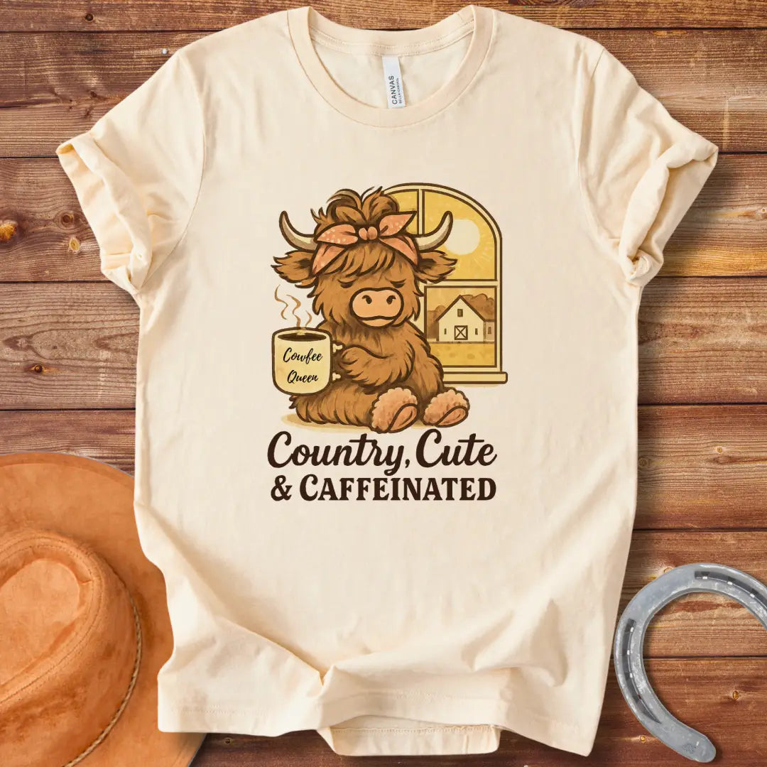 Illustration of a cute highland cow sitting by a window, holding a coffee mug that says 'Cowfee Queen'. The background shows a barn and a sunny day.