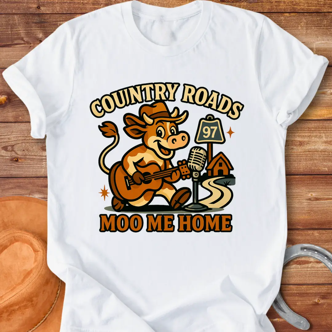 A cartoon cow wearing a cowboy hat playing a guitar, with a country road sign and the words 'Moo Me Home'.