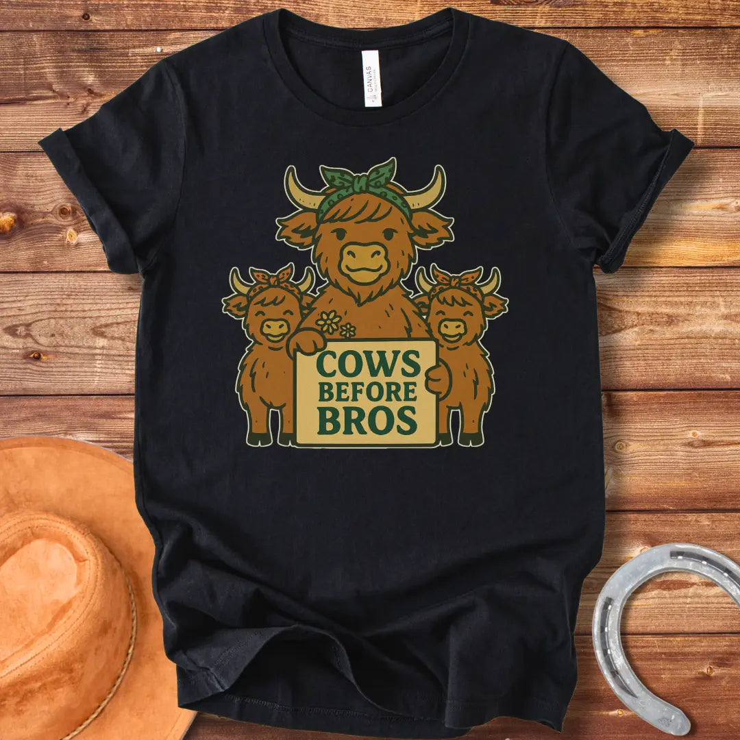 Illustration of a cow family holding a sign that says "Cows Before Bros"