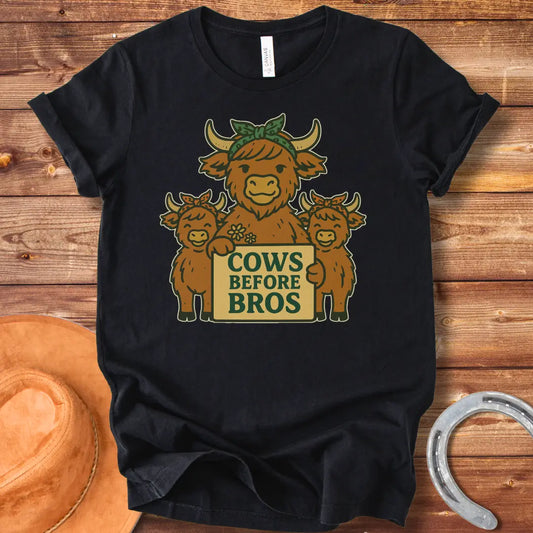 Illustration of a cow family holding a sign that says "Cows Before Bros"