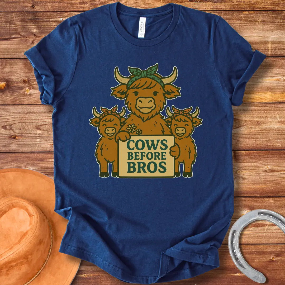 Illustration of a cow family holding a sign that says "Cows Before Bros"