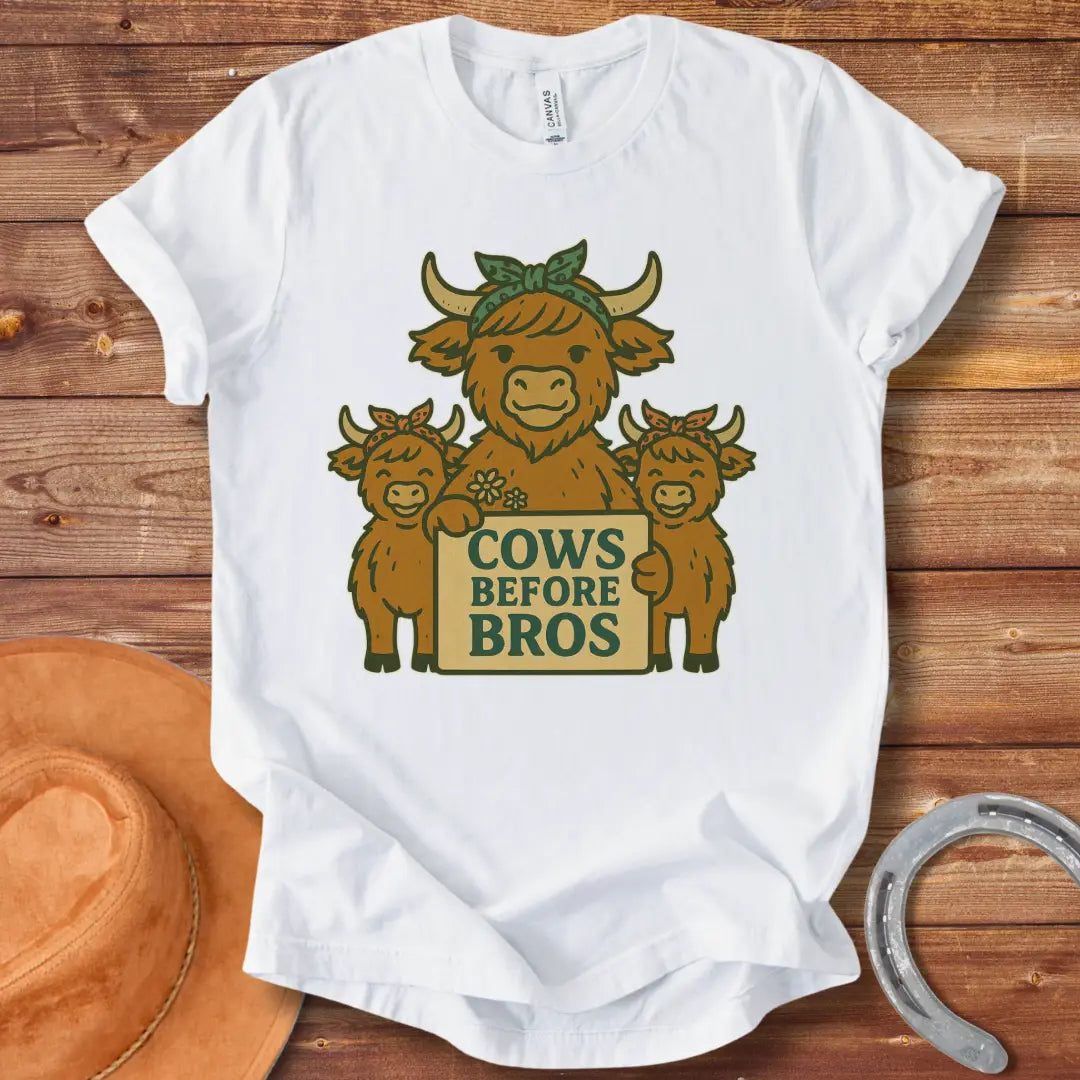 Illustration of a cow family holding a sign that says "Cows Before Bros"