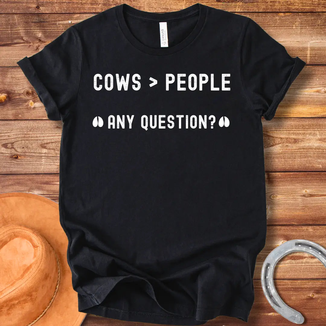 Cows Greater Than People T-Shirt design from Cow Lovers Clothing, showcasing a fun and playful cow-loving sentiment.