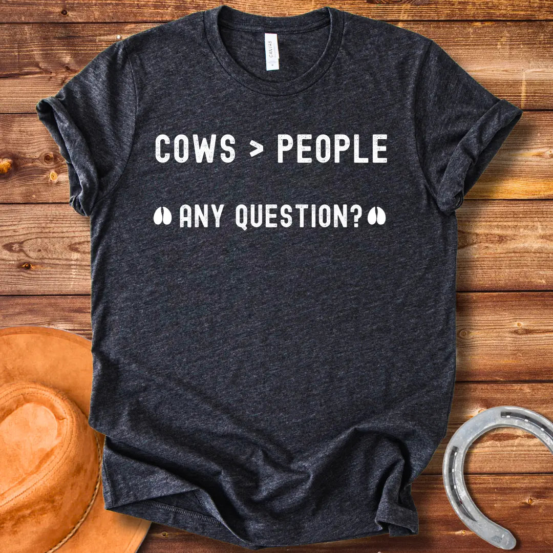 Cows Greater Than People T-Shirt design from Cow Lovers Clothing, showcasing a fun and playful cow-loving sentiment.