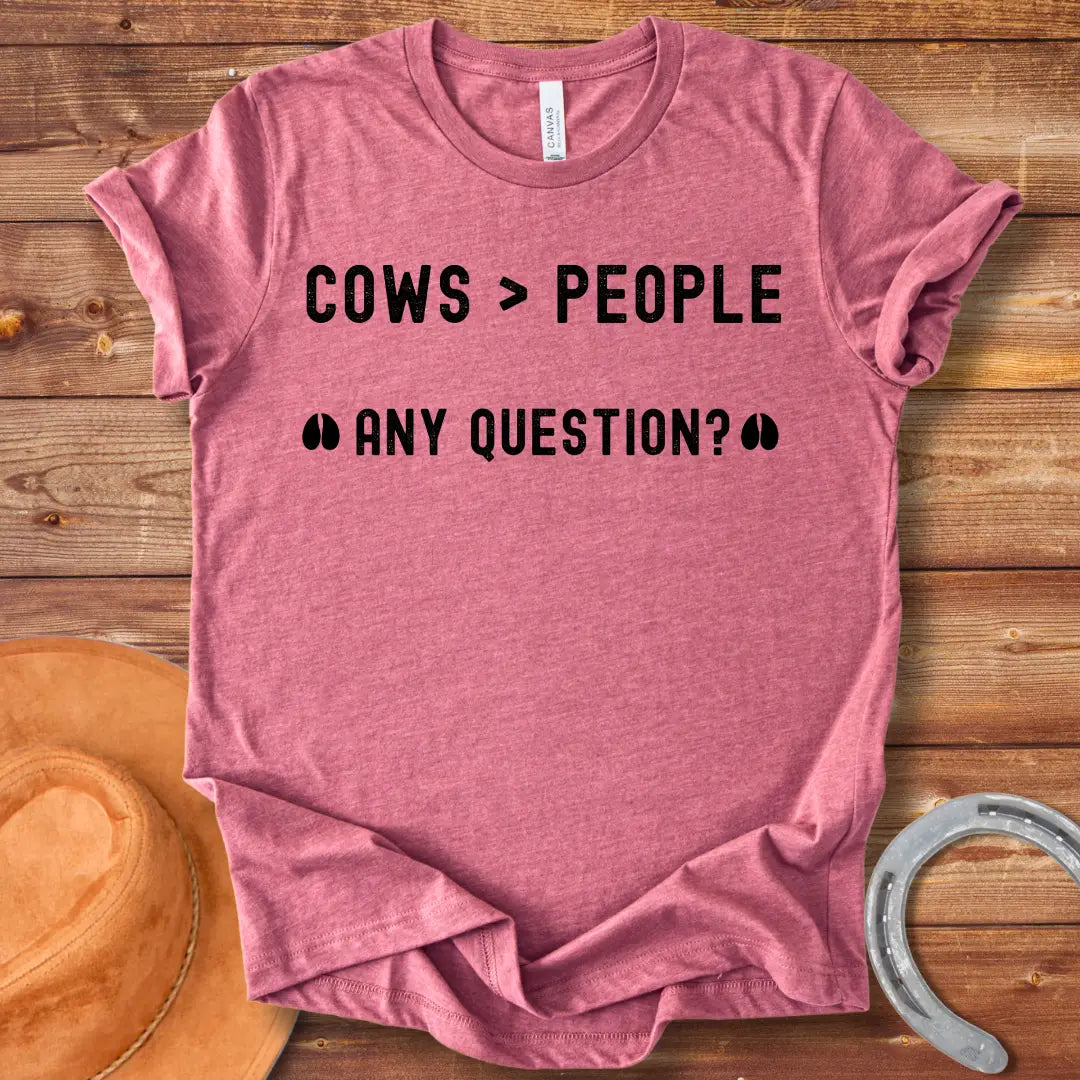 Cows Greater Than People T-Shirt design from Cow Lovers Clothing, showcasing a fun and playful cow-loving sentiment.