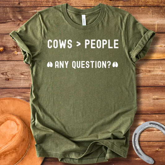 Cows Greater Than People T-Shirt design from Cow Lovers Clothing, showcasing a fun and playful cow-loving sentiment.