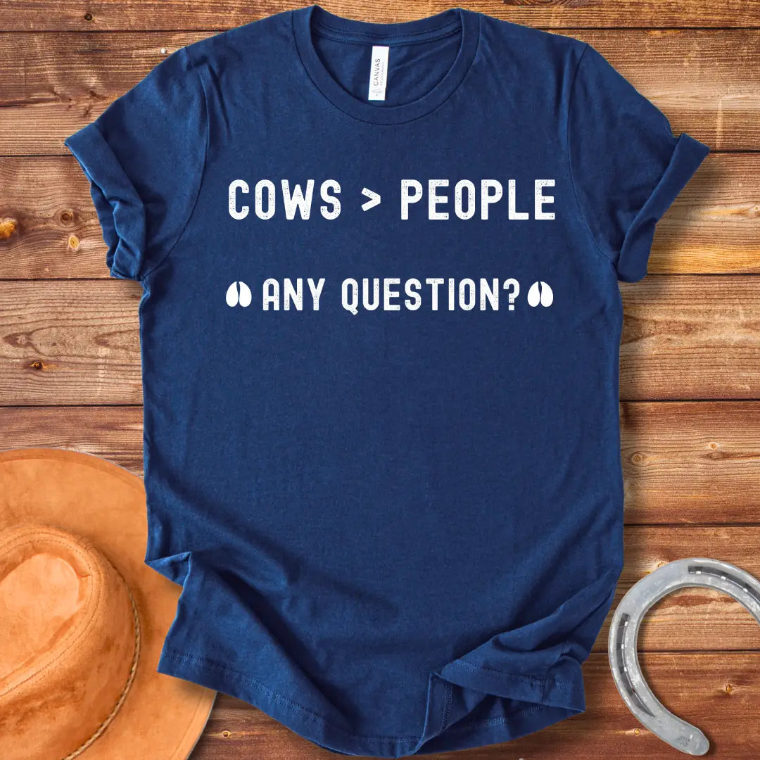Cows Greater Than People T-Shirt design from Cow Lovers Clothing, showcasing a fun and playful cow-loving sentiment.