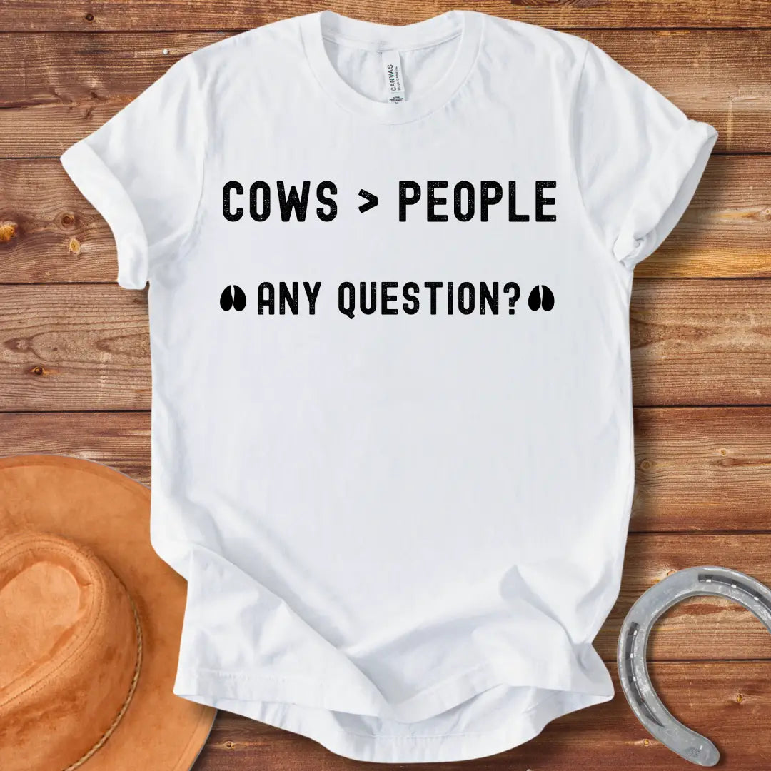 Cows Greater Than People T-Shirt design from Cow Lovers Clothing, showcasing a fun and playful cow-loving sentiment.