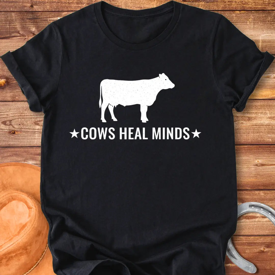 Cows Heal Minds T-Shirt design featuring a starry cow silhouette