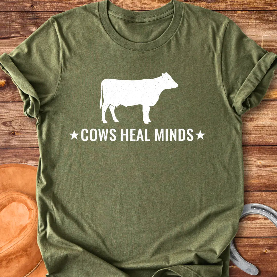 Cows Heal Minds T-Shirt design featuring a starry cow silhouette