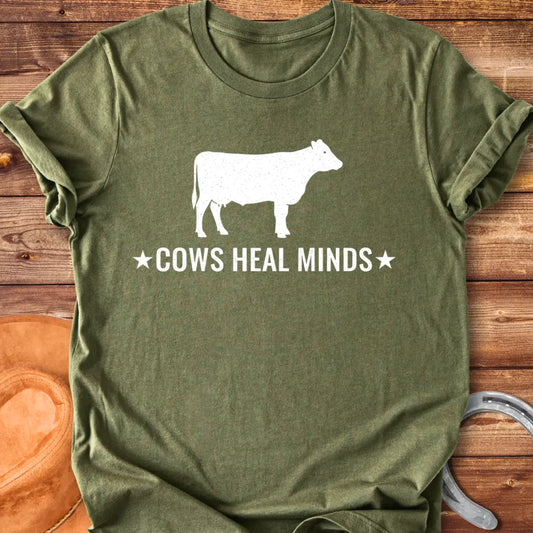Cows Heal Minds T-Shirt design featuring a starry cow silhouette