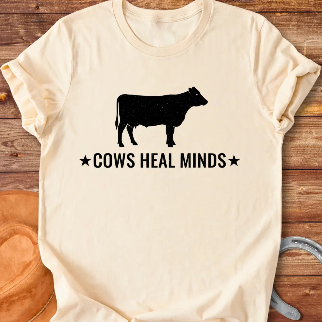 Cows Heal Minds T-Shirt design featuring a starry cow silhouette