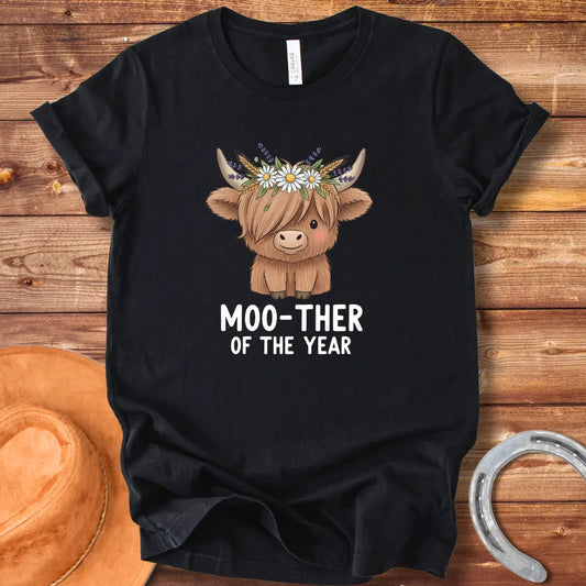Cute Highland cow wearing a flower crown, with the text 'Moo-ther of the Year'.