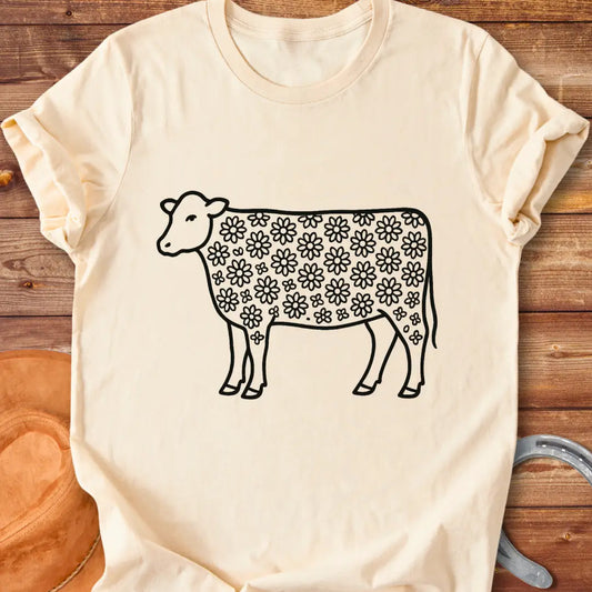 Line art illustration of a cow with a floral pattern filling the body