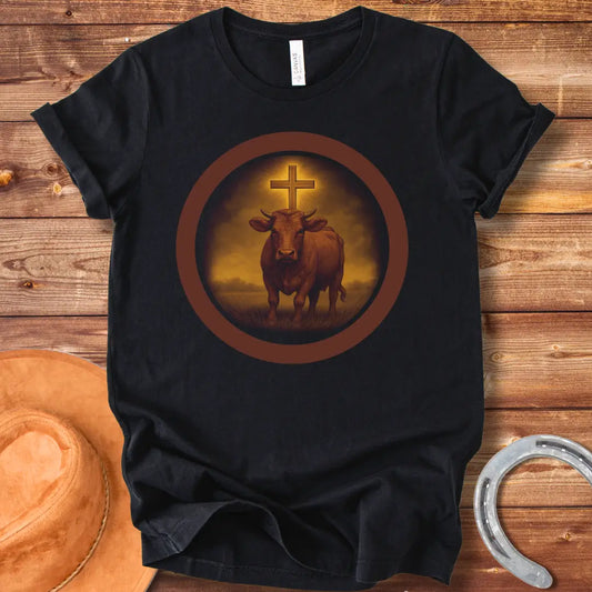 Illustration of a cow with a cross shining above it in a circle, representing a divine bovine.