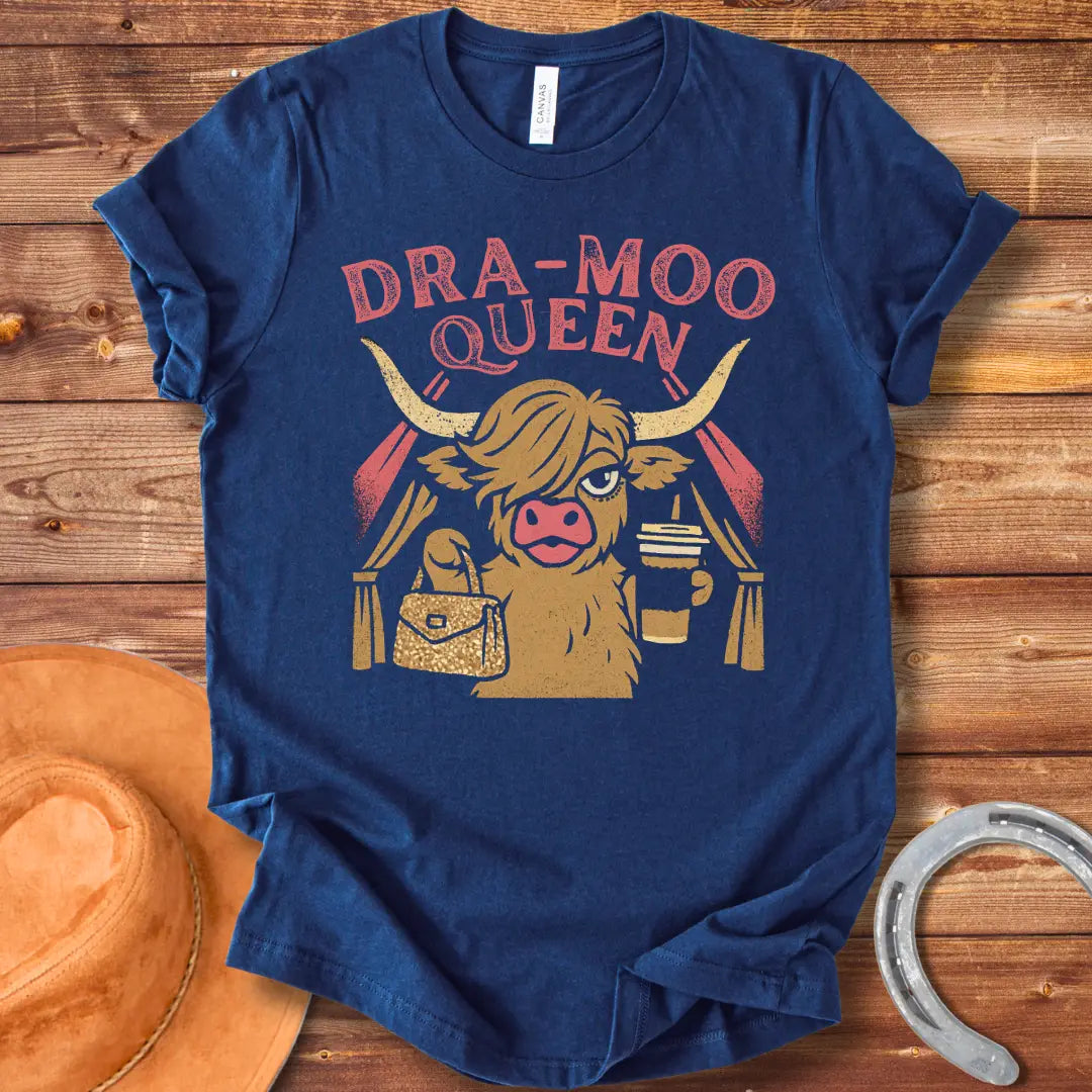 Illustration of a cow in a sassy pose holding a purse and a drink with the words Dra-Moo Queen above.