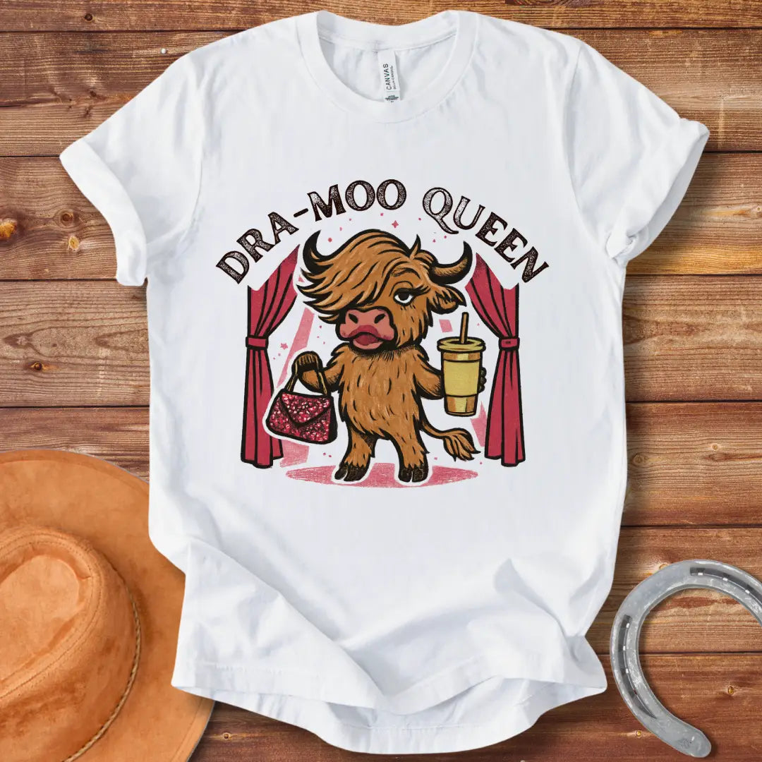 Illustration of a cow in a sassy pose holding a purse and a drink with the words Dra-Moo Queen above.