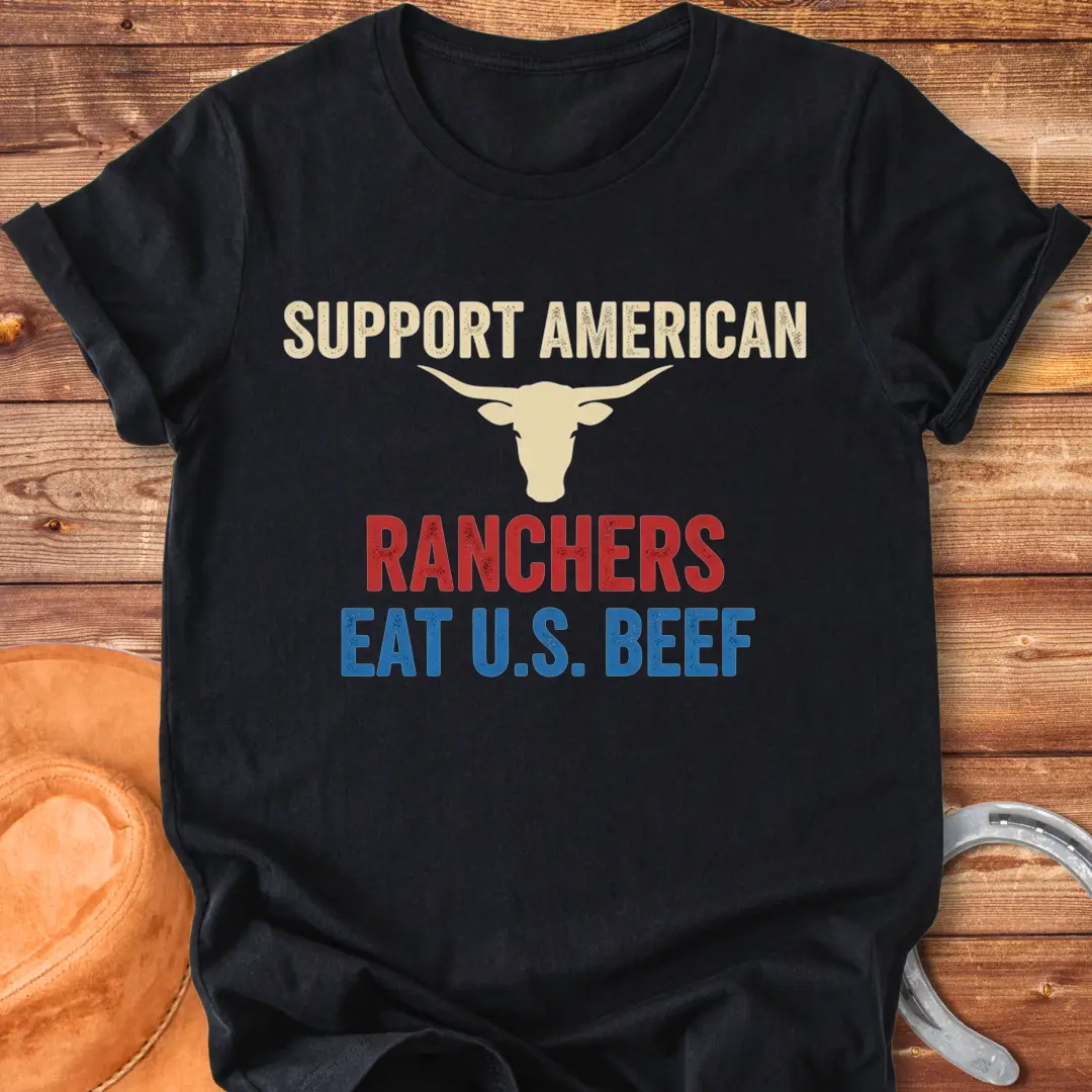 Eat US Beef T-shirt featuring a bull's head and the text 'Support American Ranchers' and 'Eat U.S. Beef'.