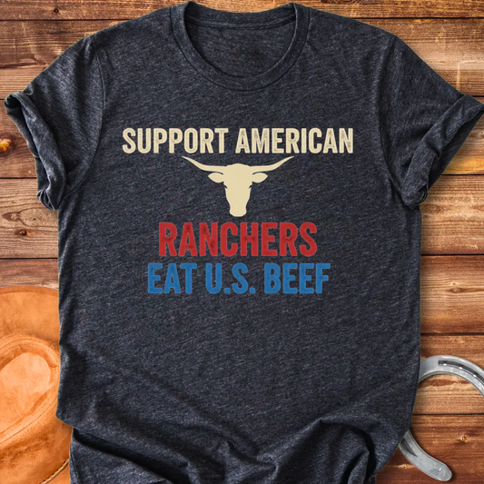 Eat US Beef T-shirt featuring a bull's head and the text 'Support American Ranchers' and 'Eat U.S. Beef'.