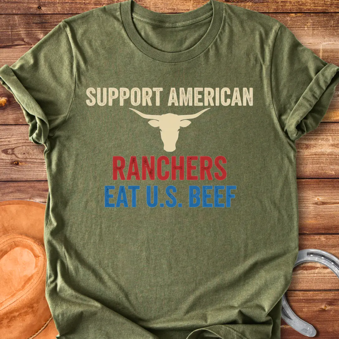 Eat US Beef T-shirt featuring a bull's head and the text 'Support American Ranchers' and 'Eat U.S. Beef'.