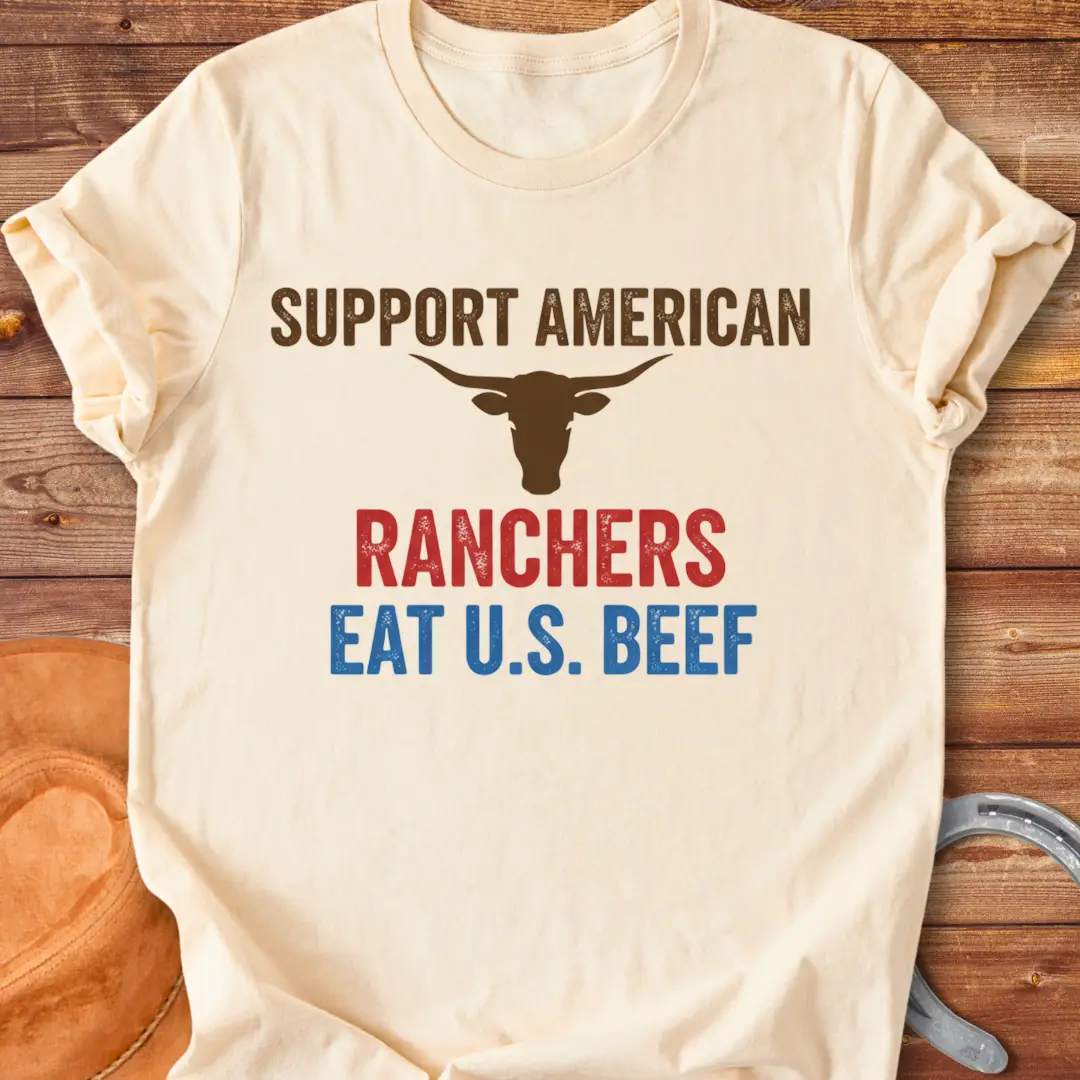 Eat US Beef T-shirt featuring a bull's head and the text 'Support American Ranchers' and 'Eat U.S. Beef'.
