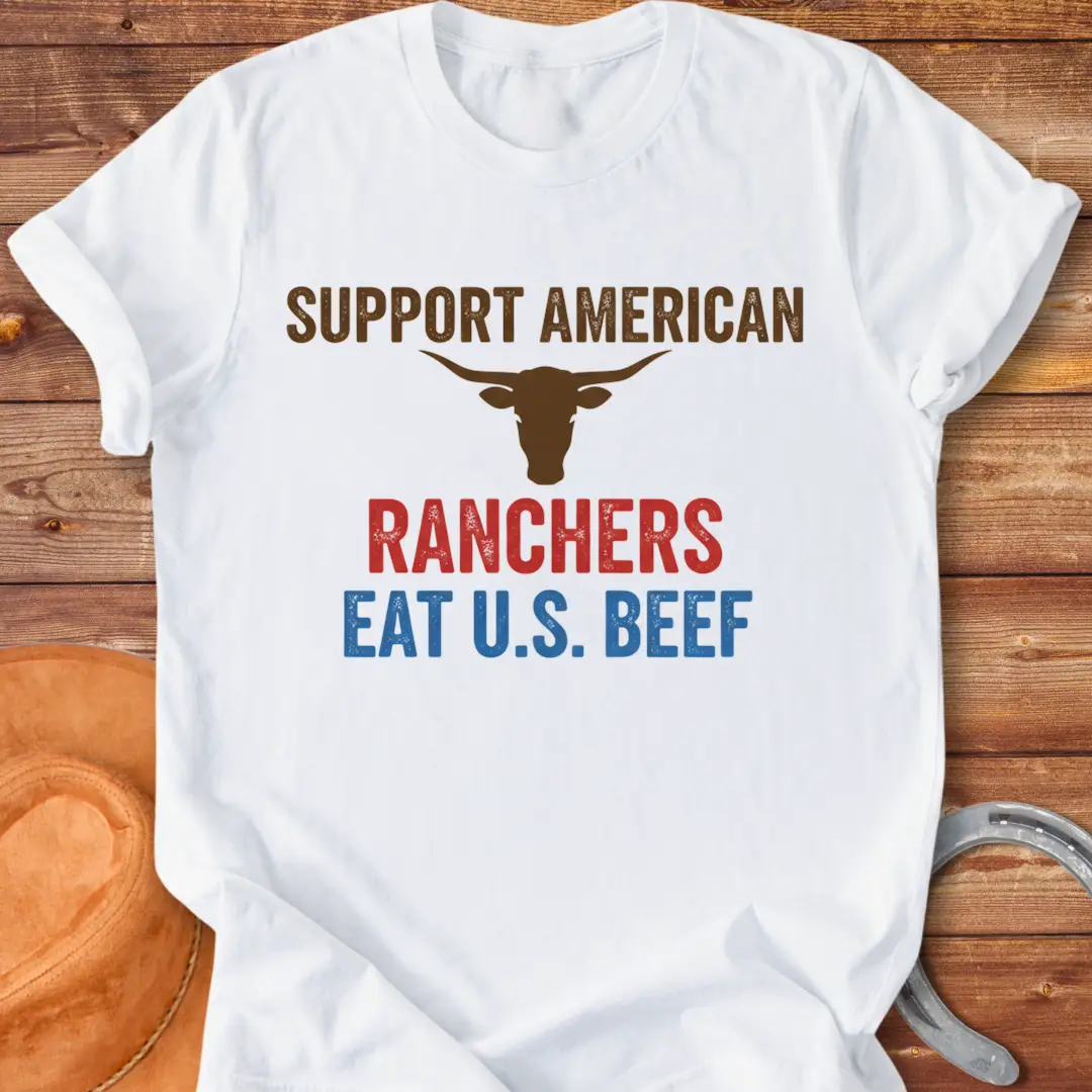 Eat US Beef T-shirt featuring a bull's head and the text 'Support American Ranchers' and 'Eat U.S. Beef'.