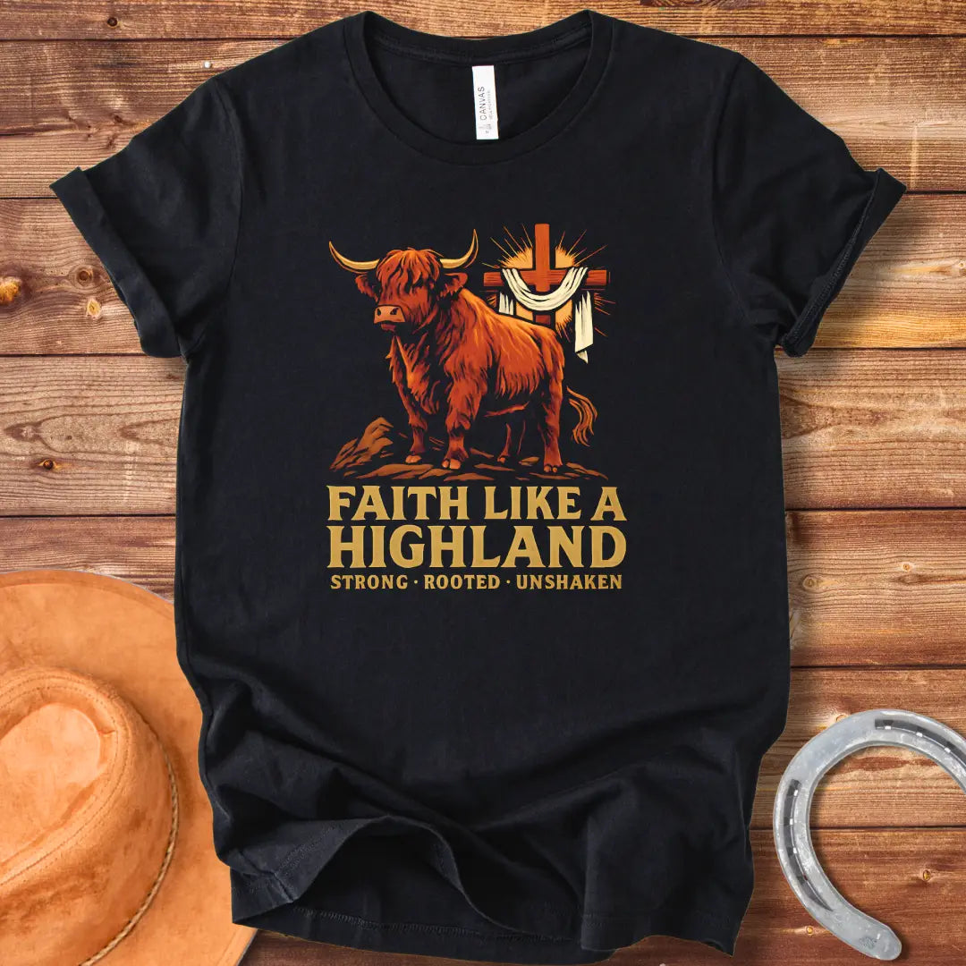 Highland cow t-shirt design with a cross and the words Faith Like A Highland. A brown cow stands in front of a cross.