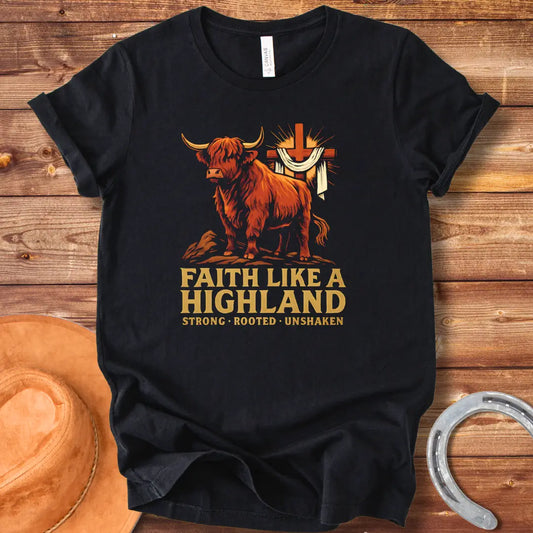 Highland cow t-shirt design with a cross and the words Faith Like A Highland. A brown cow stands in front of a cross.