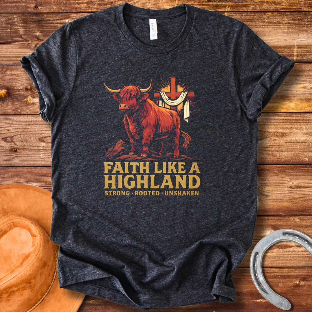 Highland cow t-shirt design with a cross and the words Faith Like A Highland. A brown cow stands in front of a cross.