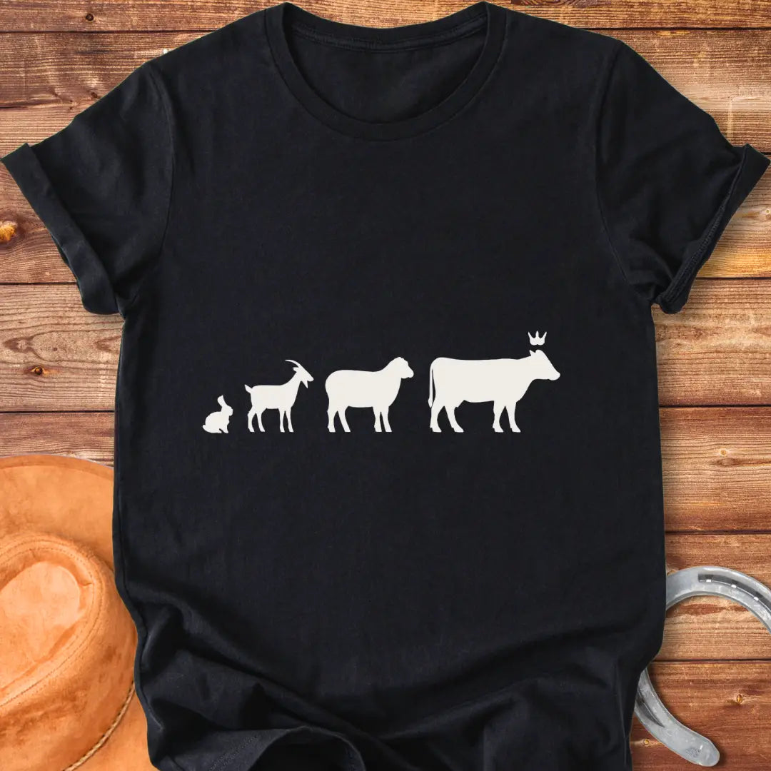 Silhouette of farm animals following a cow wearing a crown, T-shirt design