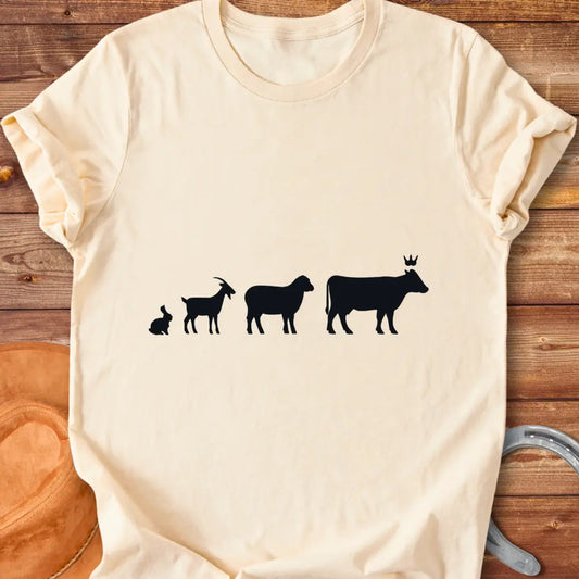 Silhouette of farm animals following a cow wearing a crown, T-shirt design