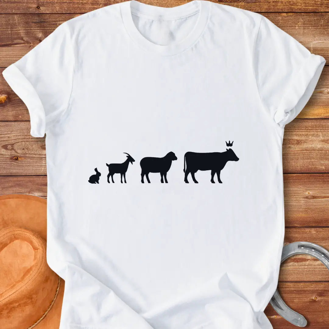 Silhouette of farm animals following a cow wearing a crown, T-shirt design