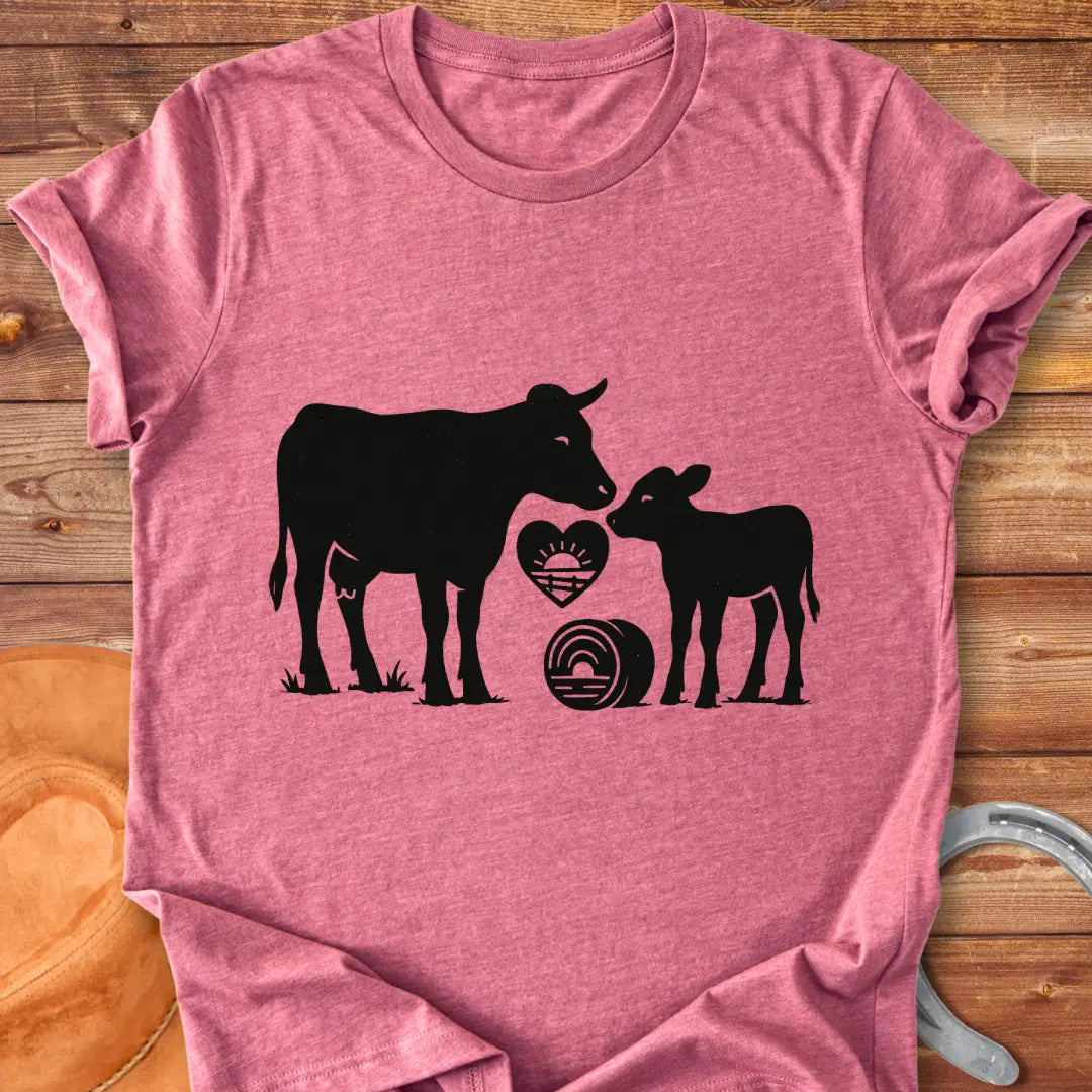 Silhouette of a cow and her calf with a heart and hay bale design, symbolizing farm love.