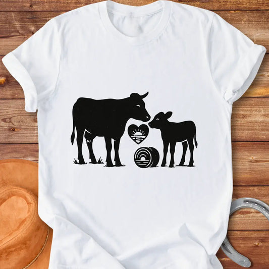 Silhouette of a cow and her calf with a heart and hay bale design, symbolizing farm love.