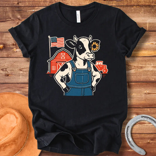 Farm Strong Moo T-Shirt design featuring a cow in overalls, a sunflower, a red barn, American flag, and a vintage truck.