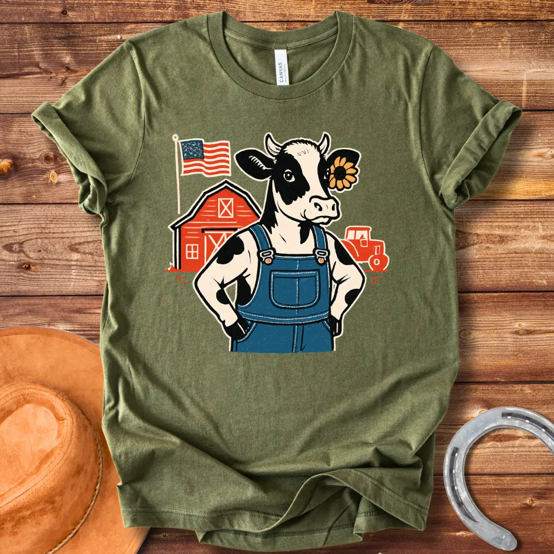 Farm Strong Moo T-Shirt design featuring a cow in overalls, a sunflower, a red barn, American flag, and a vintage truck.