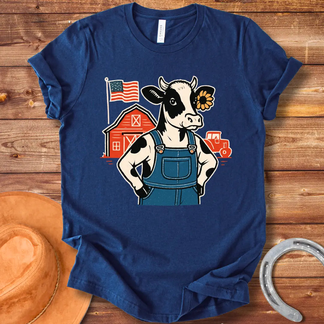 Farm Strong Moo T-Shirt design featuring a cow in overalls, a sunflower, a red barn, American flag, and a vintage truck.