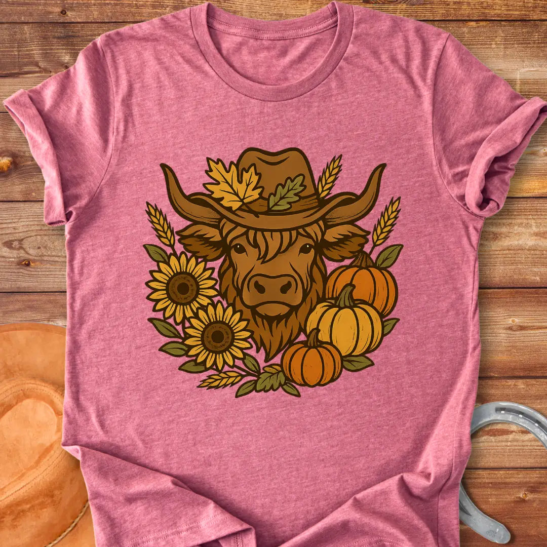 Farmhouse Fall T-Shirt featuring a Highland cow wearing a hat surrounded by sunflowers, pumpkins, and leaves