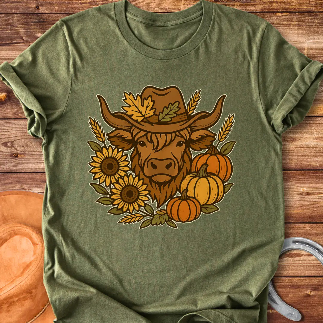 Farmhouse Fall T-Shirt featuring a Highland cow wearing a hat surrounded by sunflowers, pumpkins, and leaves