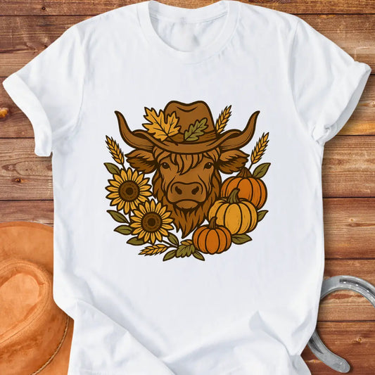 Farmhouse Fall T-Shirt featuring a Highland cow wearing a hat surrounded by sunflowers, pumpkins, and leaves