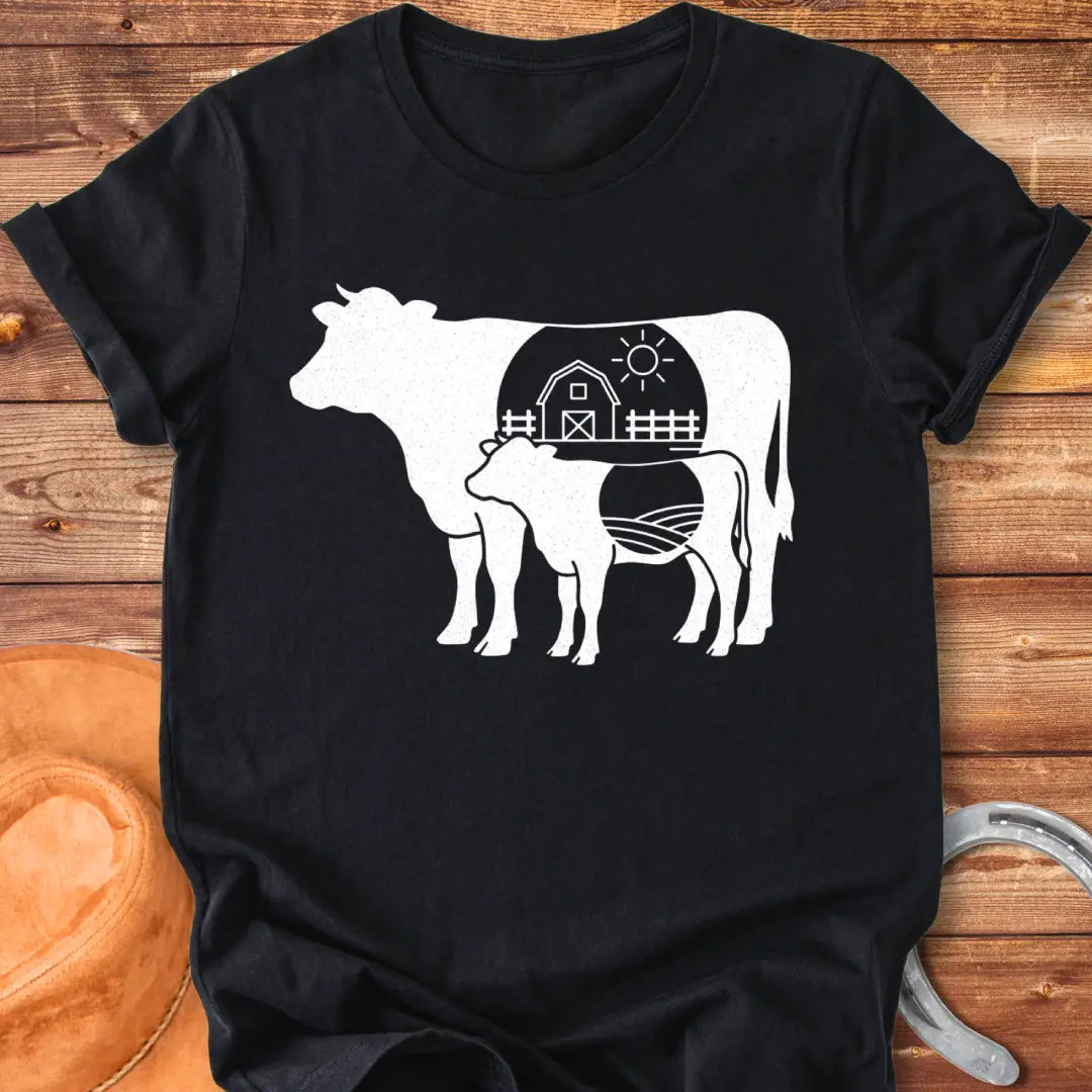 Farmstead Mama and Calf Silhouette T-Shirt featuring a silhouette of a mother cow and calf with a farm scene inside.